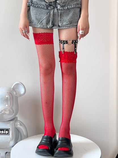 Black/Red/Khaki/White Bittersweet Lace Trim Over-knee Stockings