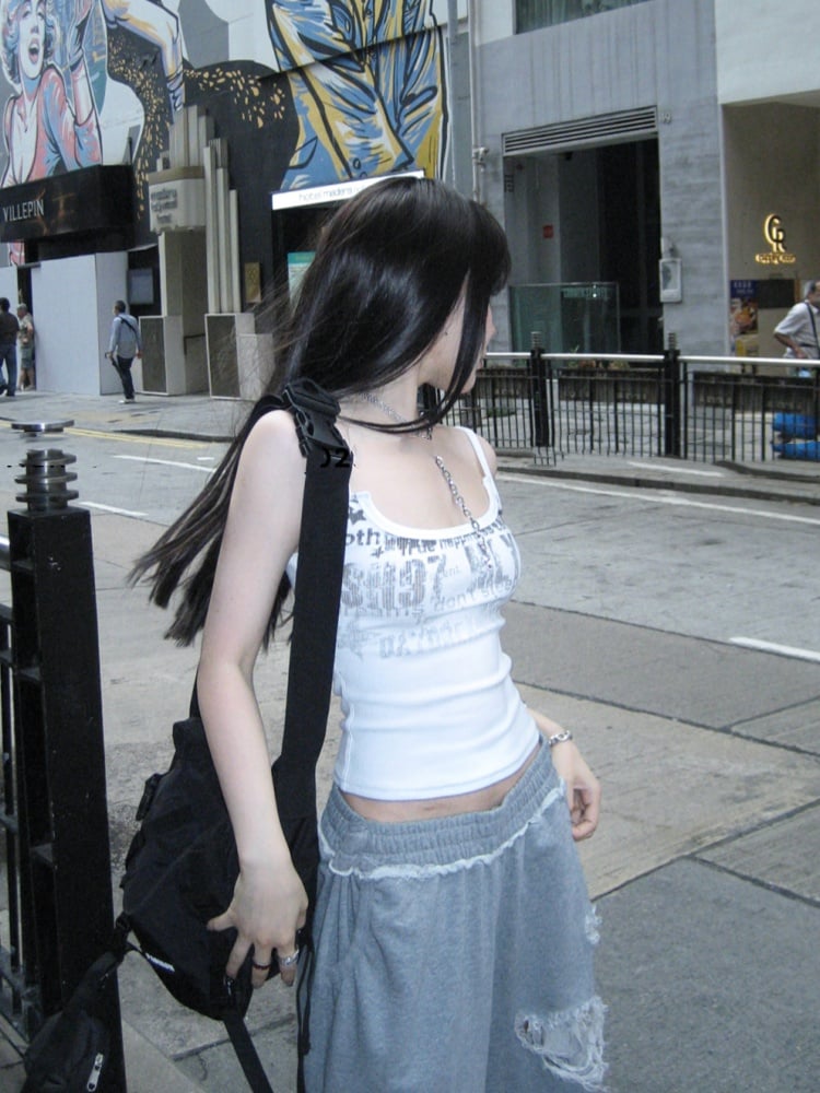 Top/Gray Elastic Waist Distressed Holes Casual Pants Cami White Glamorous Graphic