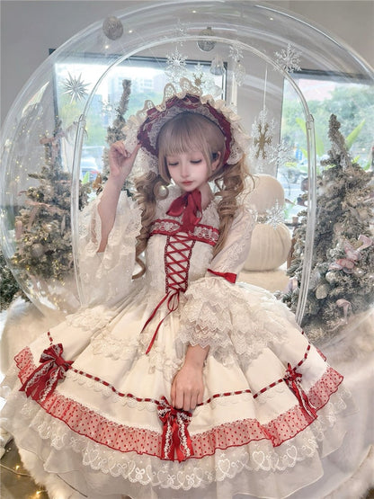White and Wine Red Lace-up Bow Accents Lace Trim Sweet Princess Dress Lolita Jumper Skirt