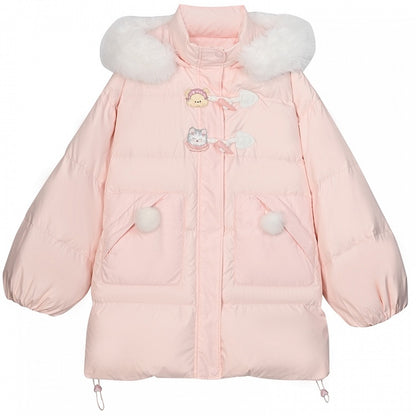 Pink Cute Bear and Kitty Plush Trim Hooded Down Coat