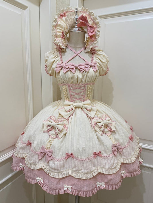 Gewellter Rand, Scool Lolita-Baumwolle, gelber Rock, Akzente, rosa Kleid und Schleife, alte Borte