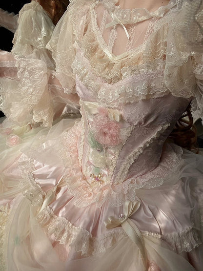 Robe princesse Lolita Hanayome à taille corset et baleines, motif floral rose