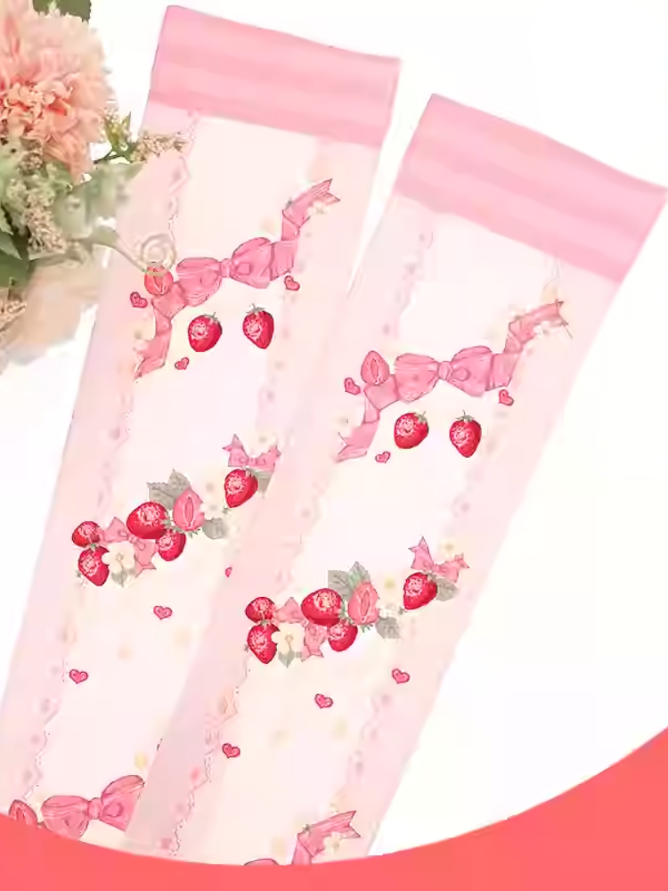 Bas Lolita roses à imprimé fraises et nœuds