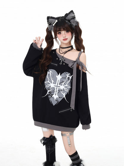 Black Asymmetrical Neckline Self-tie Strap Heart and Cross Print Sweatshirt
