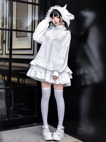 Embroidery Kei-inspired White Jirai Cross High Neck Goth Dress