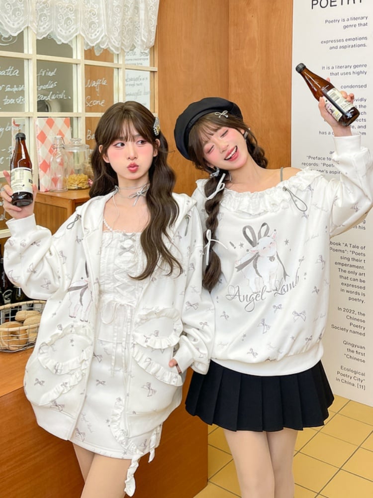 Ruffled Asymmetrical Lamb and Bow Print White Neckline Sweatshirt