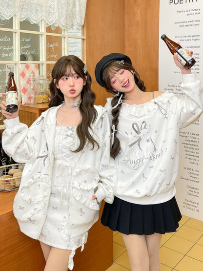 Ruffled Asymmetrical Lamb and Bow Print White Neckline Sweatshirt