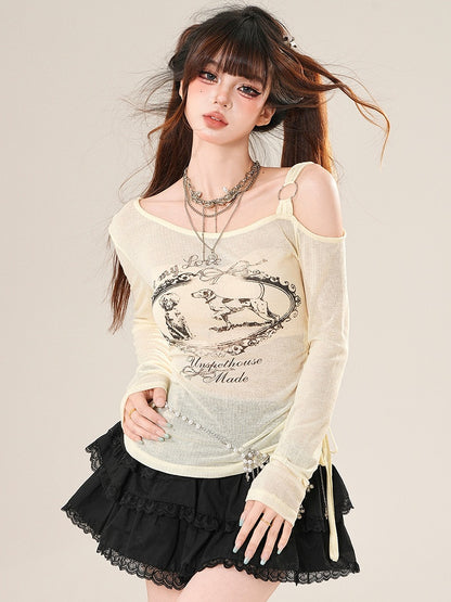 White/Beige Top Sleeves Neckline Asymmetrical Long Letter Print Puppy And