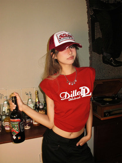 Bold Pads Red with Print White Crop Structured Letter Shoulder Top