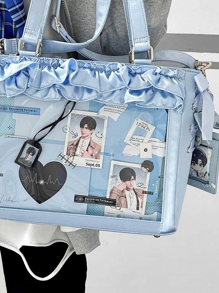 Bag Blue Card Ita Holder Ruffle Straps Satin With Trims Bow Self-tie