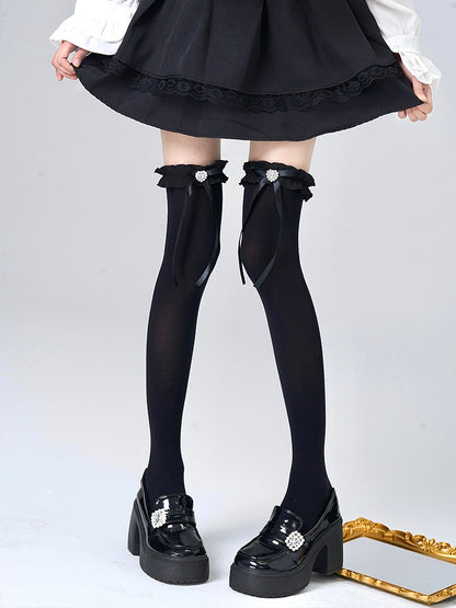 White Jirai Kei Heart-shaped Rhinestone Bowknot Ruffled Cuff Overknee Stockings