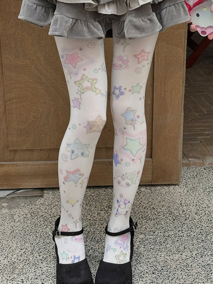 White Sweet Star Print Tights