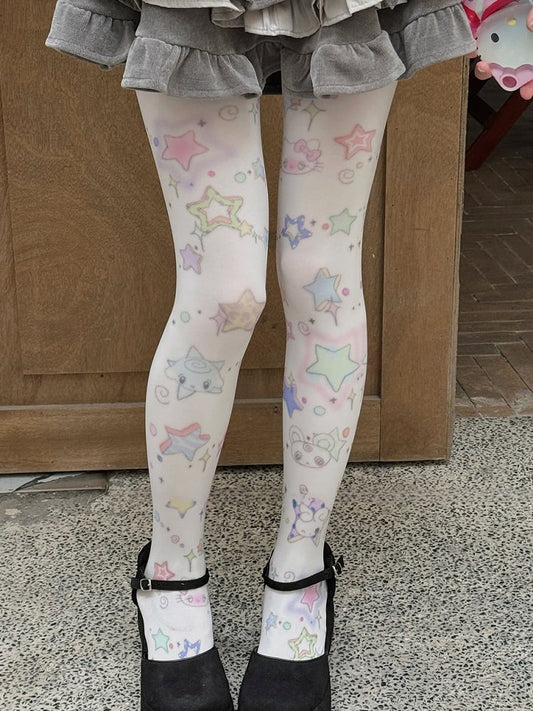 White Sweet Star Print Tights
