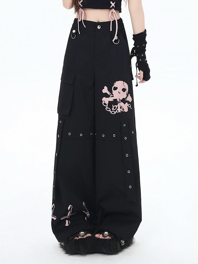 Cargo Skeleton Pockets and Cross Print Black/Grey/Pink Wide-Leg Pants