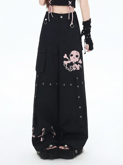 Cargo Skeleton Pockets and Cross Print Black/Grey/Pink Wide-Leg Pants
