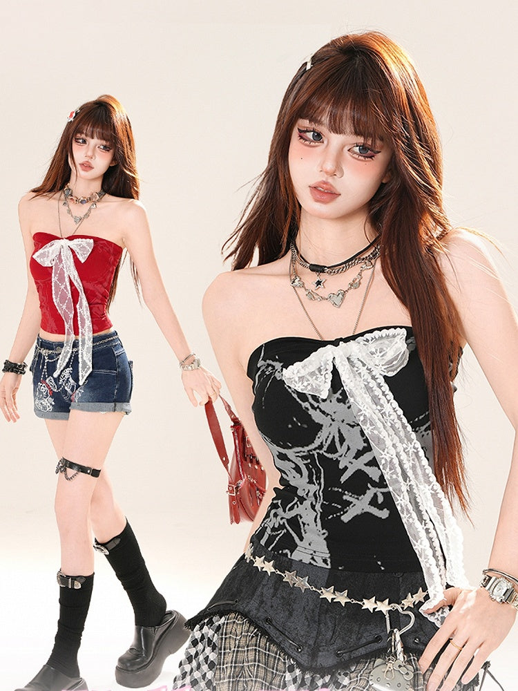 Strapless Top Red/Black Lace Bow Front Glamorous