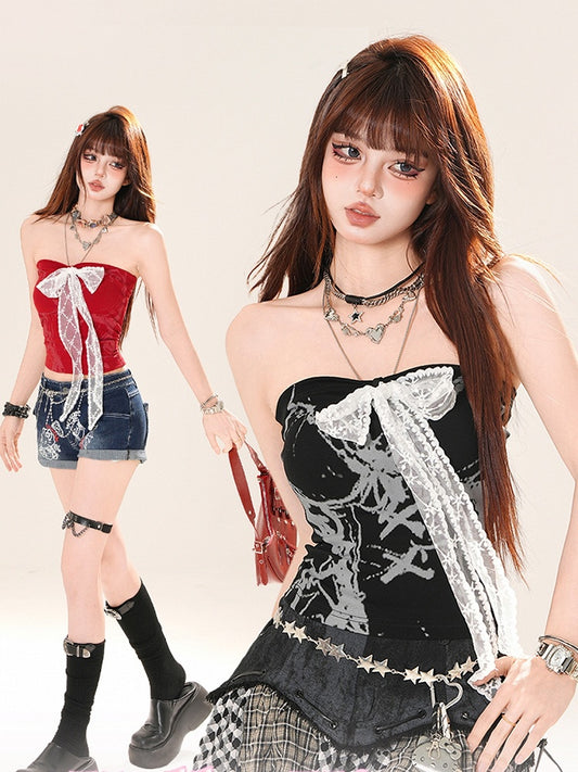 Strapless Top Red/Black Lace Bow Front Glamorous