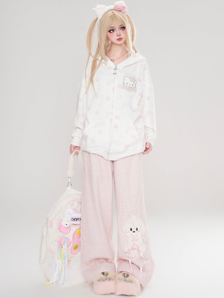 Black/Pink/Light Blue Kitties Allover Print Zip Hoodie