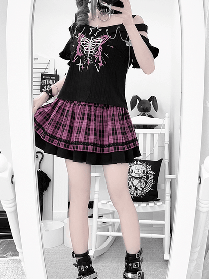 Black Embellished Neckline Butterfly Y2K Chains Print