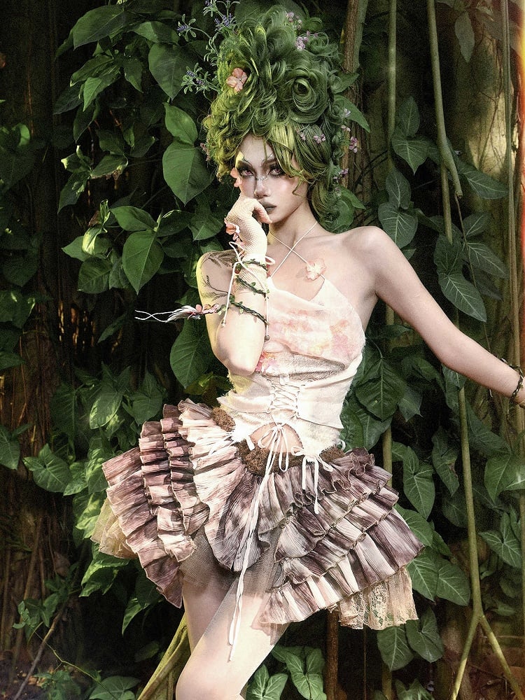 Brown Low Goth Shorts with Lining Tiered Fairy Waist Skirt Tie Ruffles Dye