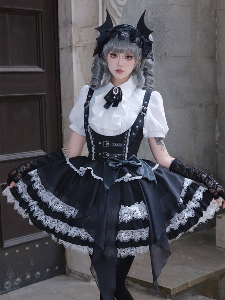 Tiered Devil Overalls Wing Skirt Black Buckle Straps Gothic Lolita Dress Accent