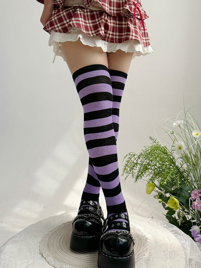 Black&Purple Striped Pattern Lolita Over Knee Stockings