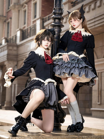 Gothic Lolita Full Set - Black Swallow Tail Long Sleeves Top + Gray Tiered Skirt + Red Jabot Brooch