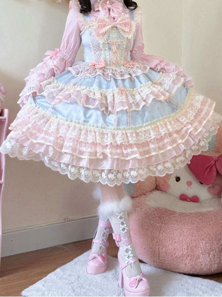 Hanayome Chain Decorated Princess Lolita Dress Blue Bead Bows