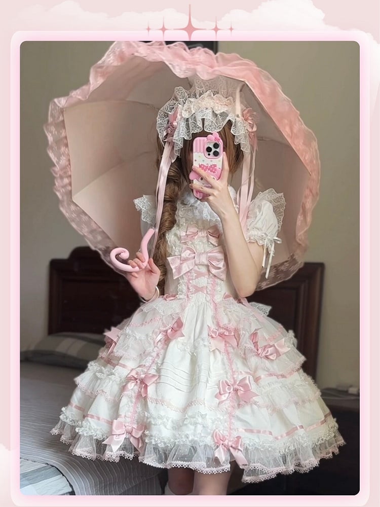 Akzente rosa Pullover Lolita Rock und Prinzessin süße weiße Schleife