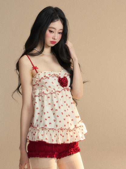 Floral Trim Apricot Ruffled Cami Red Bowknots Print Embellished Top