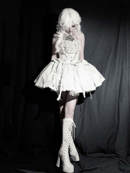 Gothic White Front Lace-up Ties Lace Platform High Block Heel  Knee-high Boots