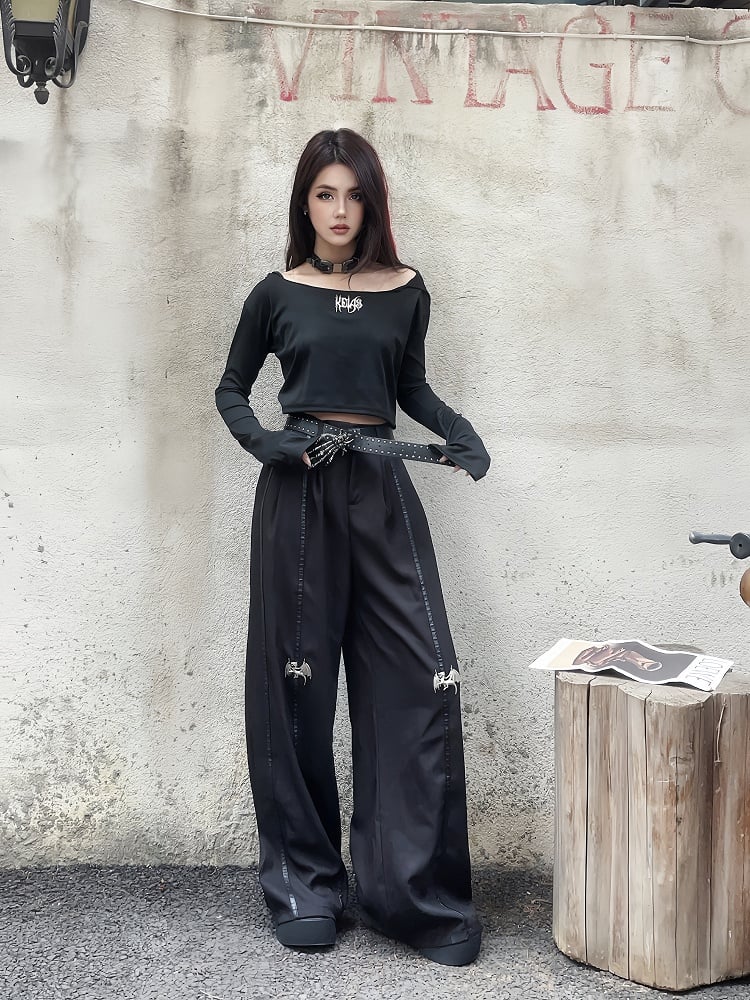 Length Floor Black Metal Dragon Knee Wide-Leg Pants