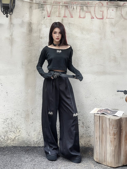 Length Floor Black Metal Dragon Knee Wide-Leg Pants