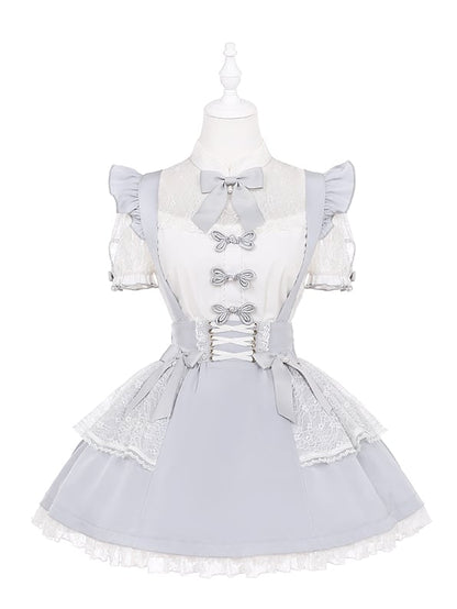 Illusion Details White Grey Bowknot Jirai Kei Neckline  Blouse