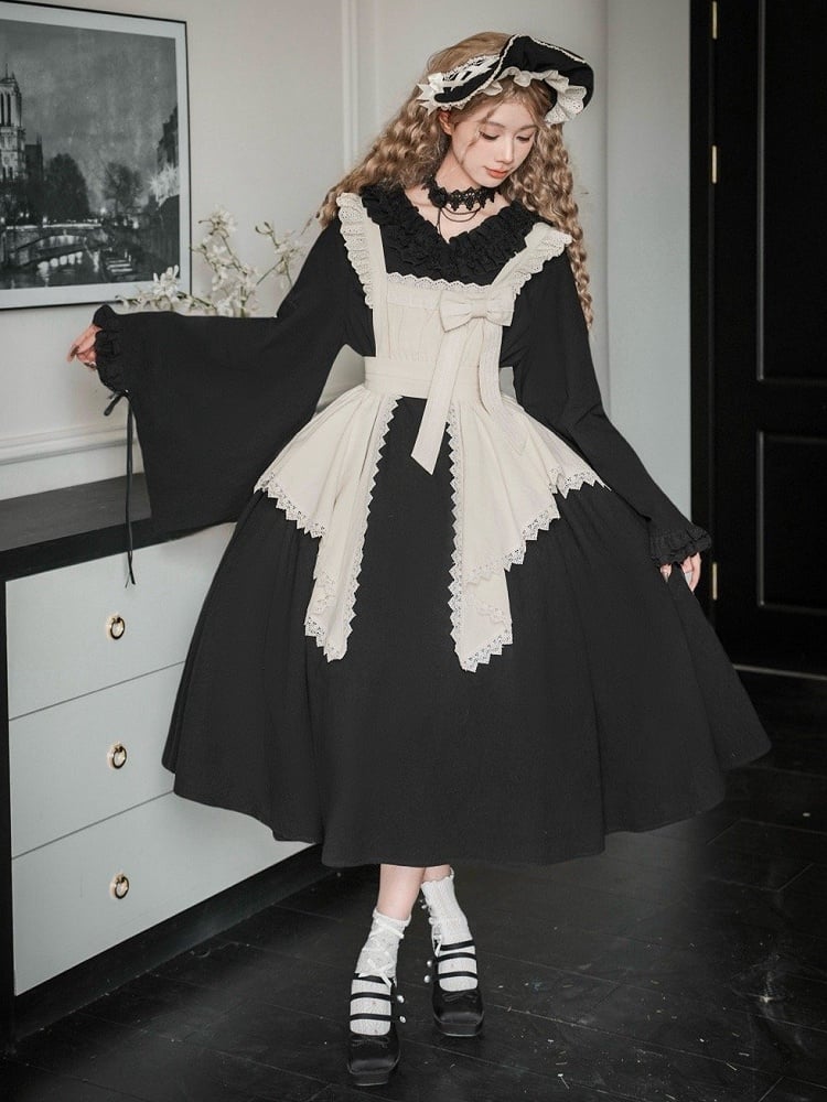 Long Lolita Black Sleeves Dress Full Ruffle Version Wa Maid Set V-neck