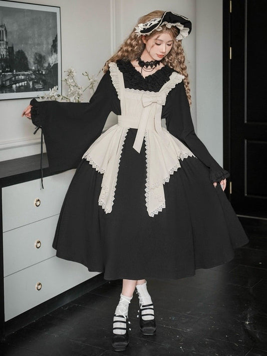 Long Lolita Black Sleeves Dress Full Ruffle Version Wa Maid Set V-neck