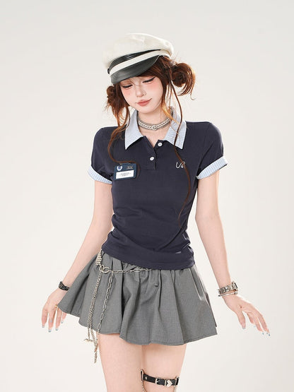 Preppy Style Rot/Marineblau Polokragen Slim-Fit T-Shirt Blau