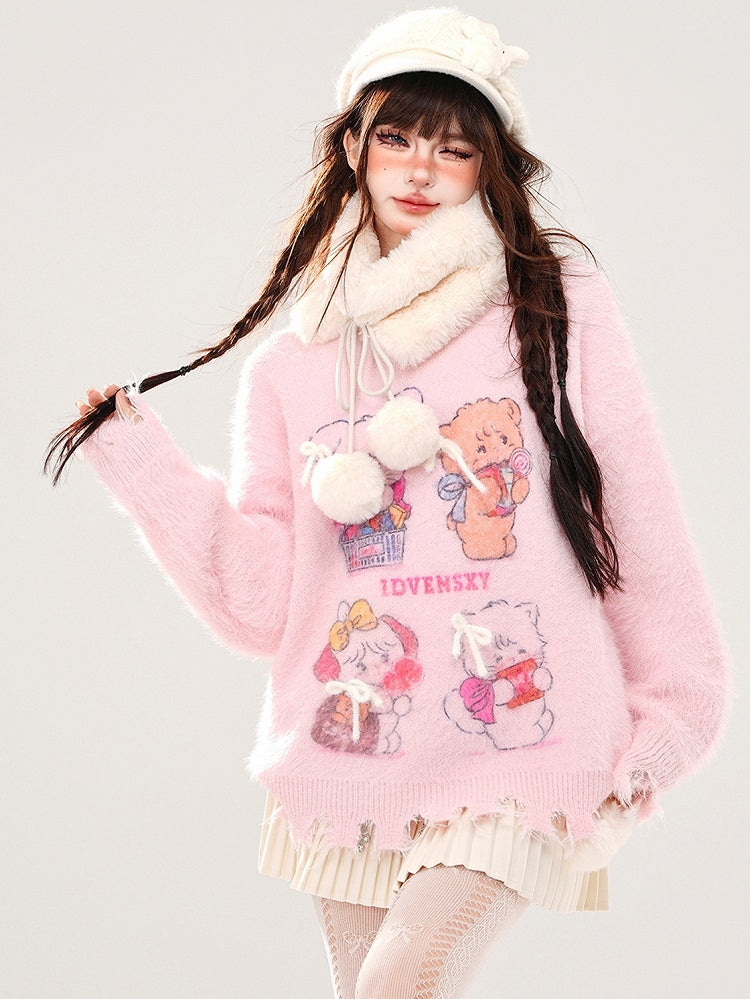 White/Pink Cute Kitty and Bear Distress Trim Mohair Soft Sweater