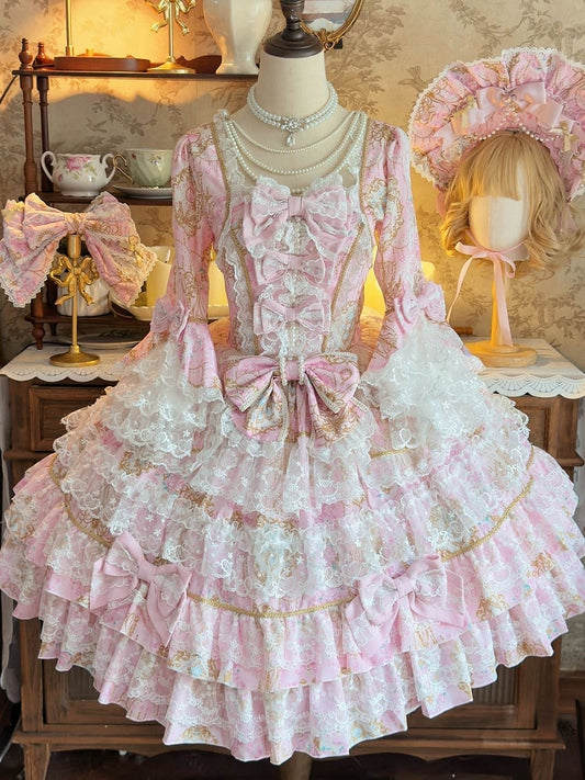 with Accents Floral Sleeves Print Lolita Dress Bow Lace Bell and Trim Pink OP