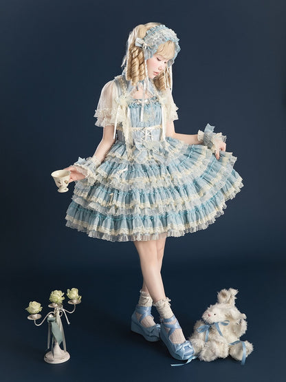 Lace with Lolita Details Embroidery and Tiered Goldfish Dress Sweet Ruffles Blue