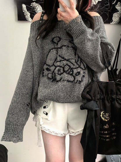 Jirai Kei Grey Angel Puppy Graphic Distressed Holes Landmine Loose Sweater