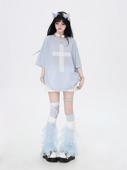 Light T-Shirt Cross Applique Loose Pink/Light Blue/Black