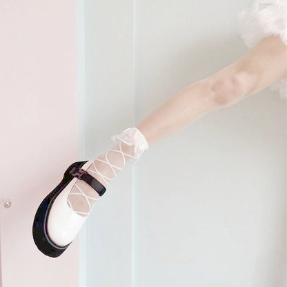 White/Black Organza Ruffled Cuff Crisscorss Banded Lolita Ankle Socks