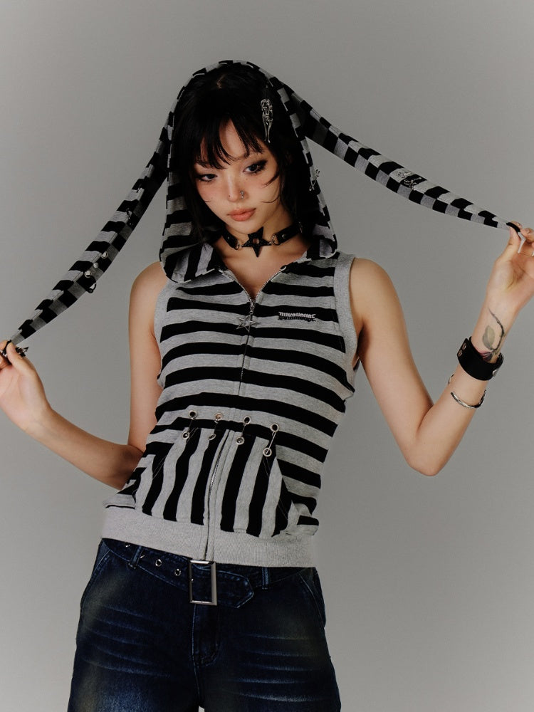 Vintage Bunny Ear Design Black  Grey Stripes Hood Y2K Tank Top