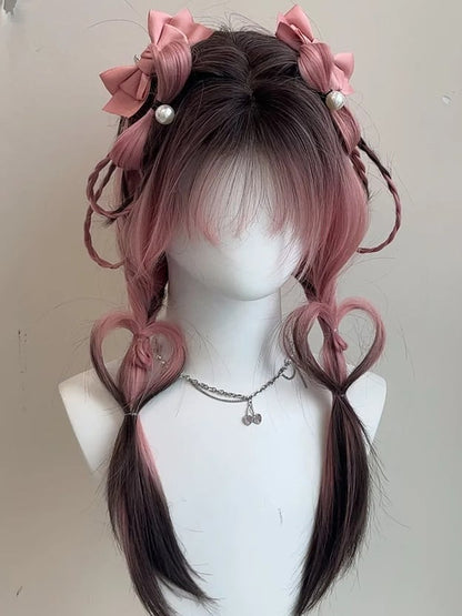 Pink-black Ombre Under Bust Length Straight Synthetic Wig With Bangs