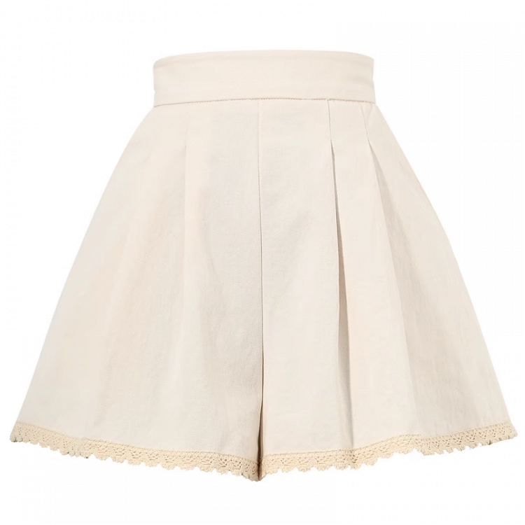Beige Lace Trim Cotton Shorts
