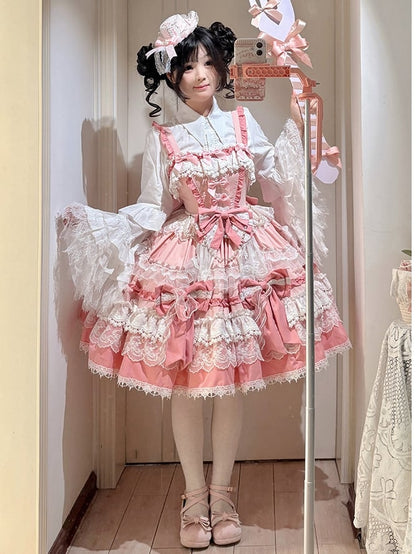 Pink Tiered Lolita Dress Sweet Bows Skirt and Details Bead Detachable