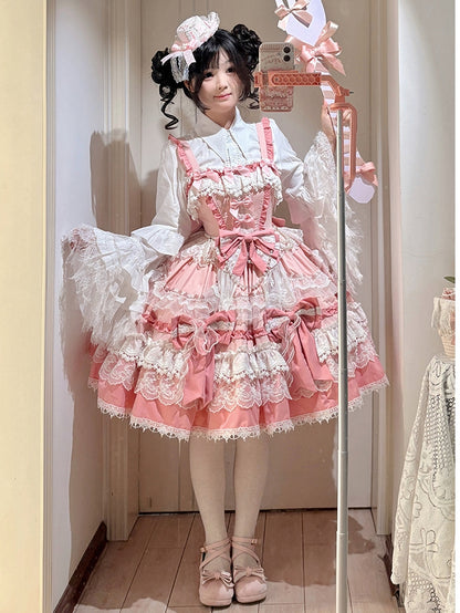 Rock und süßes Lolita-Kleid mit Perlen, abnehmbare Details, rosa gestufte Schleifen