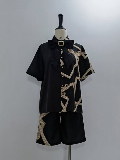 Asymmetrical Shorts Straight-leg Ouji Black Cut Print Lolita