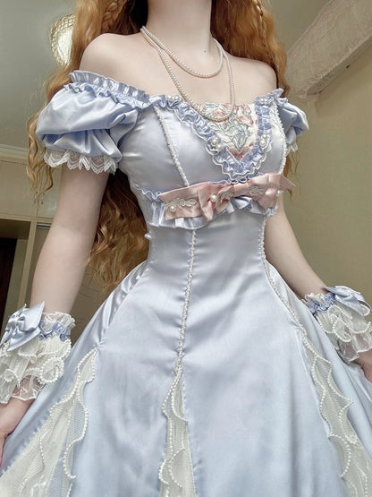 Blue Slim Fit Waist Floral Square Neckline Elegant Lolita Empire Dress